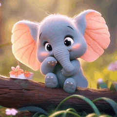 a baby elephant is sitting on a tree branch with a gift box in the background .