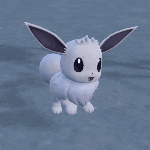 a white eevee with purple ears is sitting on a blue surface