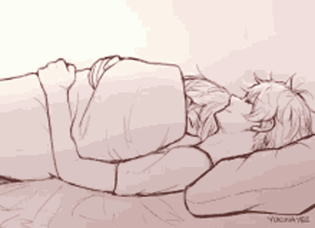 a drawing of a man and a woman laying on a bed with the name yukina on the bottom