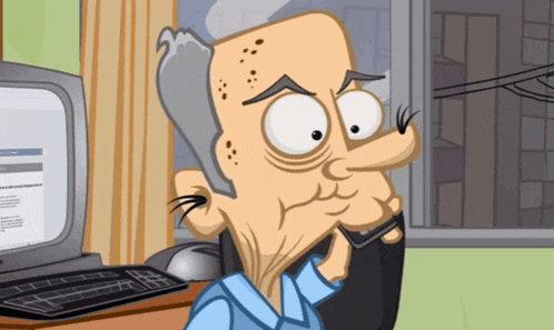 a cartoon of a man talking on a cell phone in front of a computer