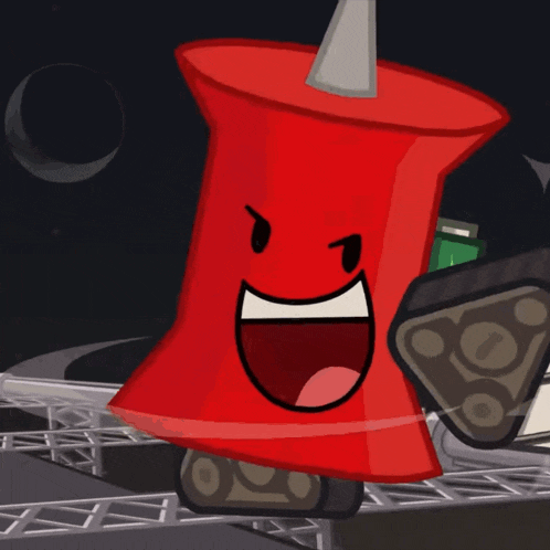 a cartoon drawing of a red pin with a smiling face and eyes closed