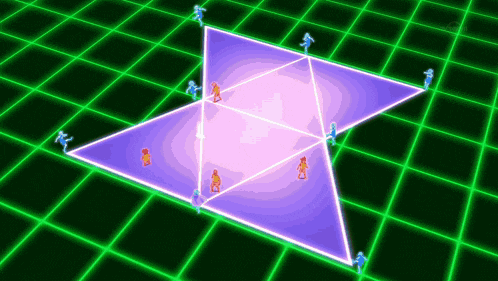 a group of people are standing around a triangle on a neon grid