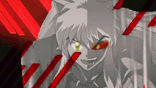 a black and white anime character with red eyes and a necklace
