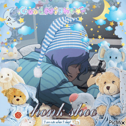 a picture of a person sleeping with stuffed animals and the words " good night " on top