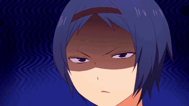 a close up of a person 's face with a blue background