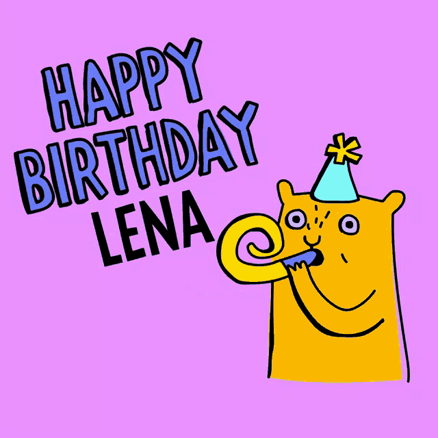 a happy birthday lena greeting card with a cartoon cat blowing a party horn