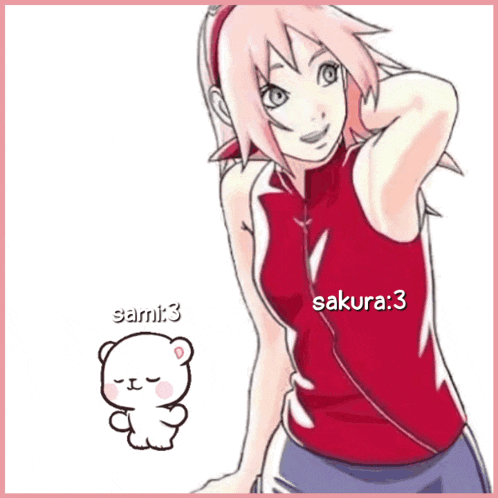 a drawing of a girl with the name sakura 3 next to a teddy bear