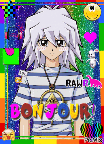 a picture of a boy with white hair and the words bonjour