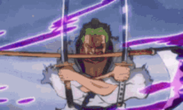 a cartoon character is holding two swords in his hands with his arms crossed .