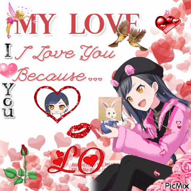 a picture of a girl with the words " my love i love you because " on top