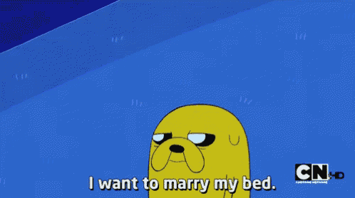 a cartoon of a dog saying i want to marry my bed
