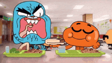 gumball and darwin from the amazing world of gumball are eating food from a tray in a school cafeteria .