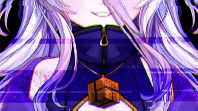 a close up of a purple haired anime girl with a cube necklace