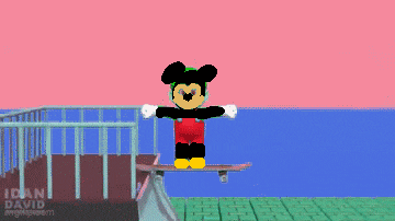 a pixel art of mickey mouse riding a skateboard