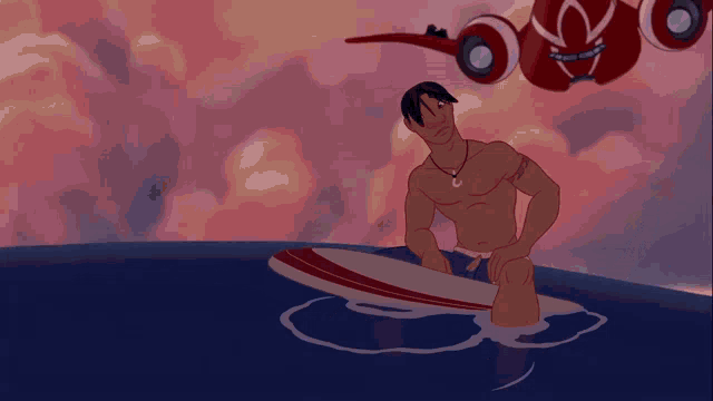a cartoon man holding a surfboard in the ocean