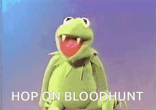 a man in a suit sits next to a kermit the frog puppet with the caption hop on bloodhunt