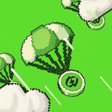 a pixel art illustration of a parachute carrying a coin on a green background