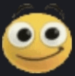 a close up of a yellow smiley face with big eyes and a black background .