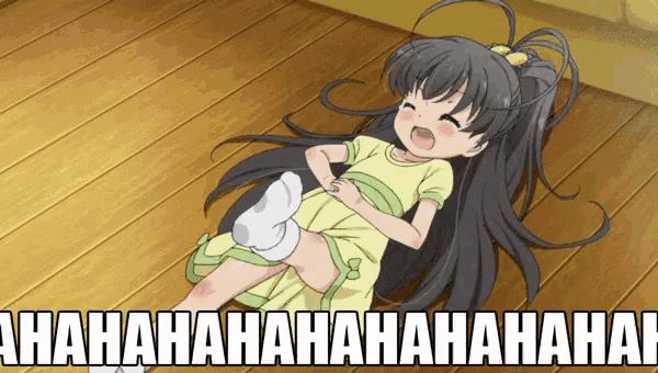 a cartoon girl is laying on the floor with the words ahaha ahaha ahaha ahaha written below her