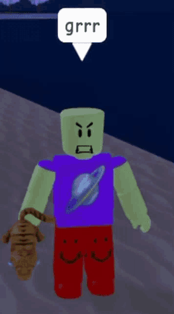 a roblox character with a purple shirt and red pants is holding a snake