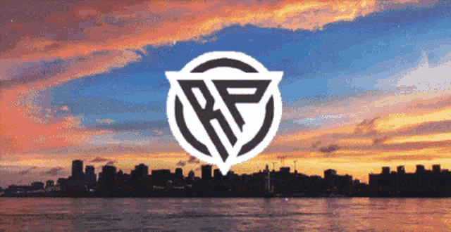 a logo with the letter rp in a circle with a sunset in the background
