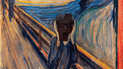 a painting of a person with glasses and a shocked look on their face