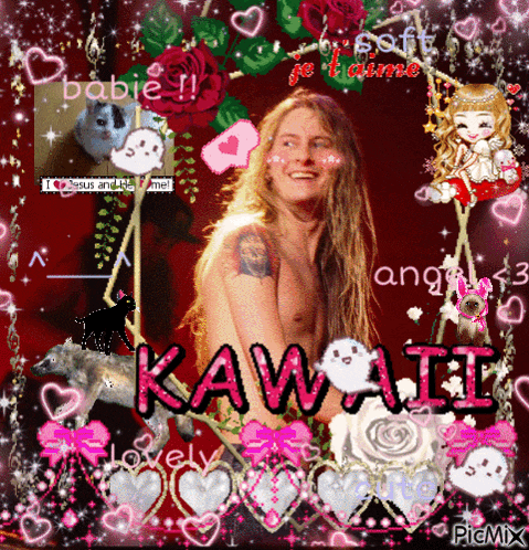 a picture of a shirtless man with the word kawaii in pink