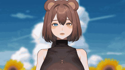 a girl with brown hair and blue eyes is wearing a black top