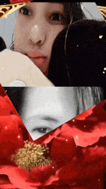 a collage of a woman 's face and a red flower
