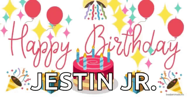 a birthday card for jestin jr. with balloons and confetti
