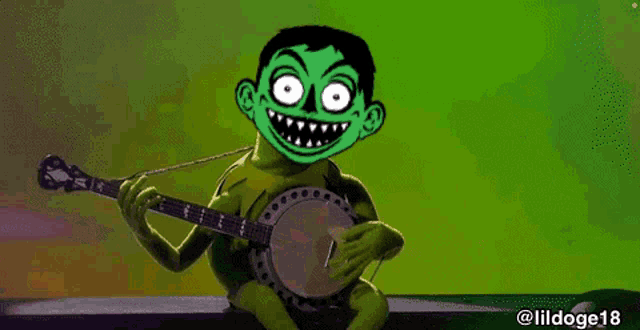 a green cartoon character is playing a banjo with the hashtag lildoge18