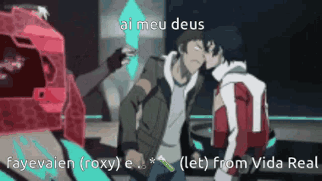 a couple of anime characters are standing next to each other and one of them is kissing the other .