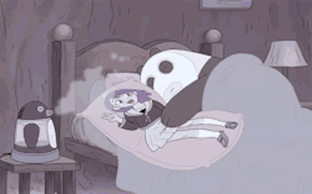 a cartoon of a girl laying on a bed with a panda bear behind her