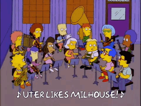a group of cartoon characters are playing instruments and the words uter likes milhouse are above them