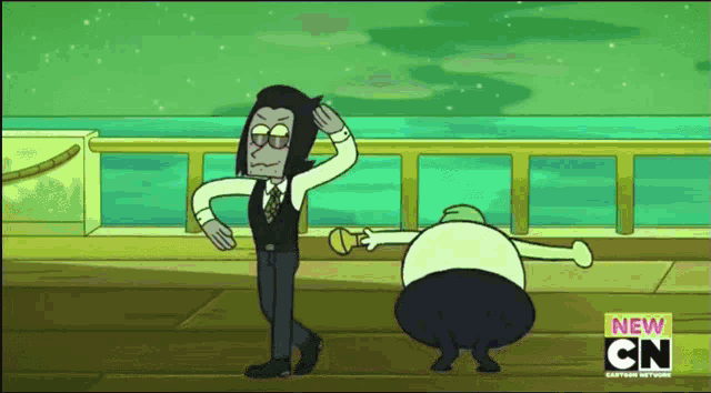 two cartoon characters are dancing in front of a sign that says cn