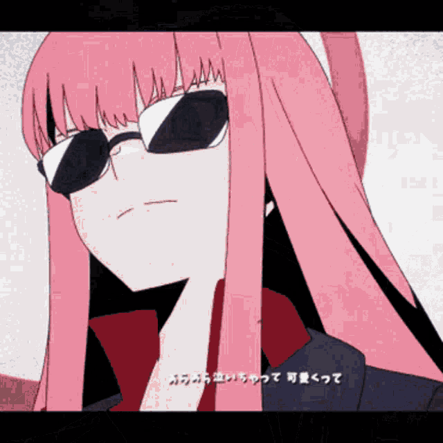 a pink haired anime girl wearing sunglasses and a black jacket