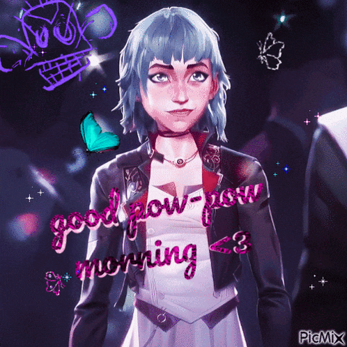 a picture of a girl with blue hair and the words good pow-pow morning < 3