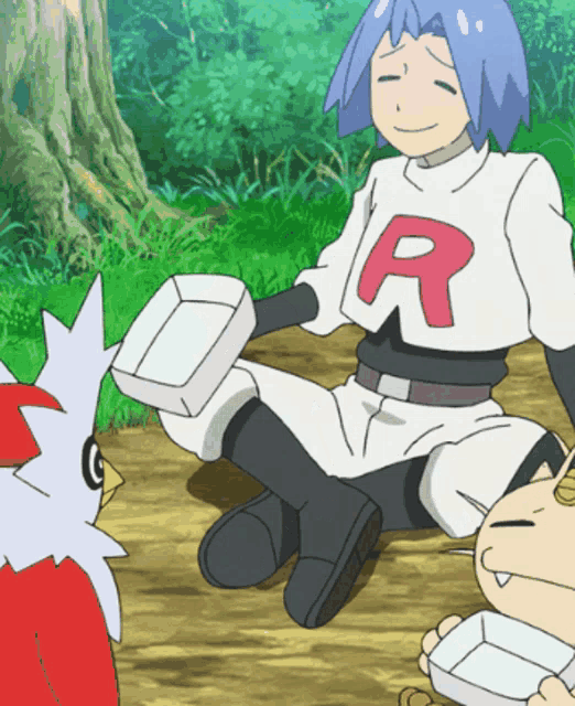 a cartoon character wearing a white shirt with a red letter r on it