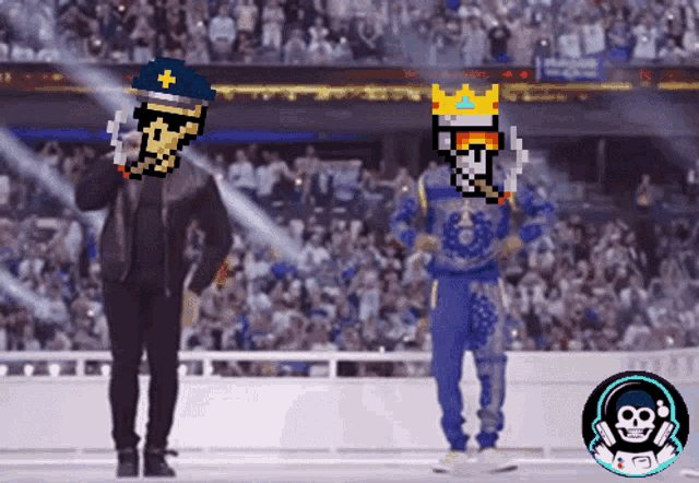 a pixel art of a man in a police uniform and a man in a skeleton outfit