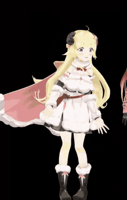 a girl with horns is wearing a white dress and a pink cape