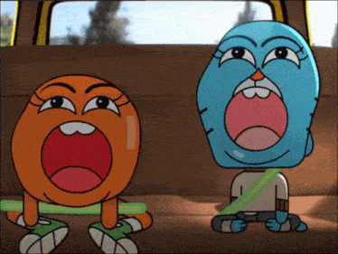 two cartoon characters are sitting in the back seat of a car with their mouths wide open