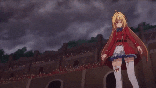 a girl in a red dress is standing in front of a dark building
