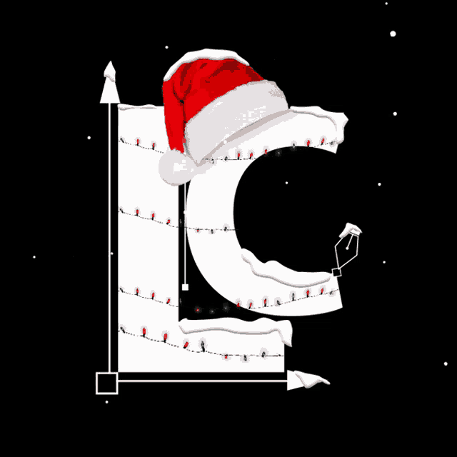 the letter c is decorated with christmas lights and has a santa hat on