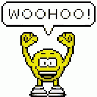 a pixel art illustration of a yellow smiley face with a speech bubble that says woohoo !