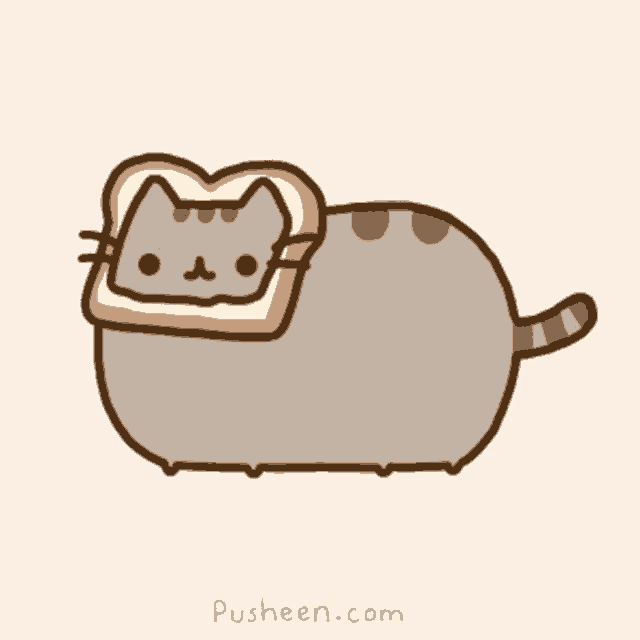 a cartoon of a cat with a piece of bread on its head says pusheen.com