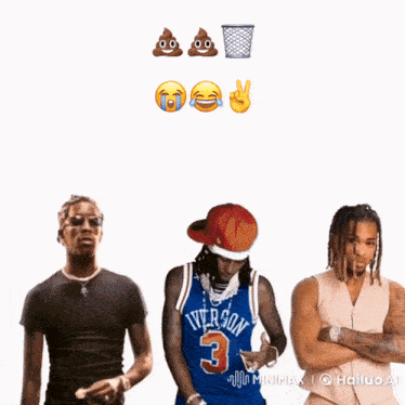 three men are standing next to each other and one has a jersey that says iverson 3 on it