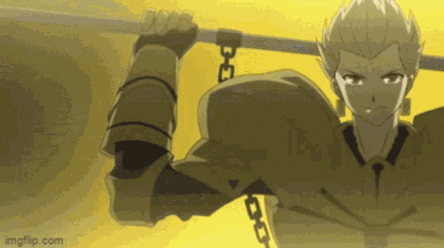 a man with chains around his arm is holding a stick .