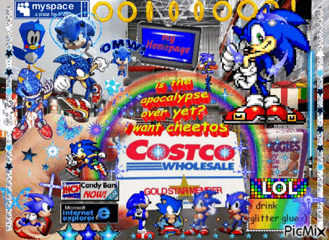 a collage of sonic the hedgehog with a costco wholesale sign
