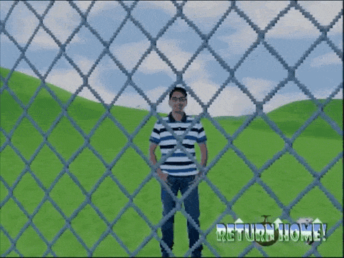 a man stands behind a chain link fence with the words return home written on the bottom