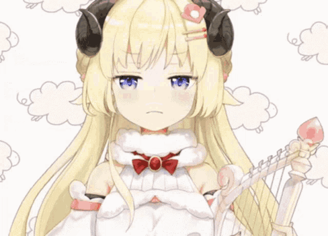 a girl with horns is holding a harp and making a face .